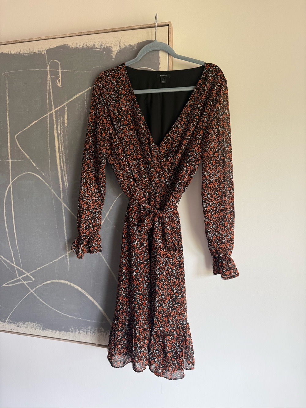 RW&CO. Black Floral Wrap Midi Dress with Rust, Blue & Cream Accents